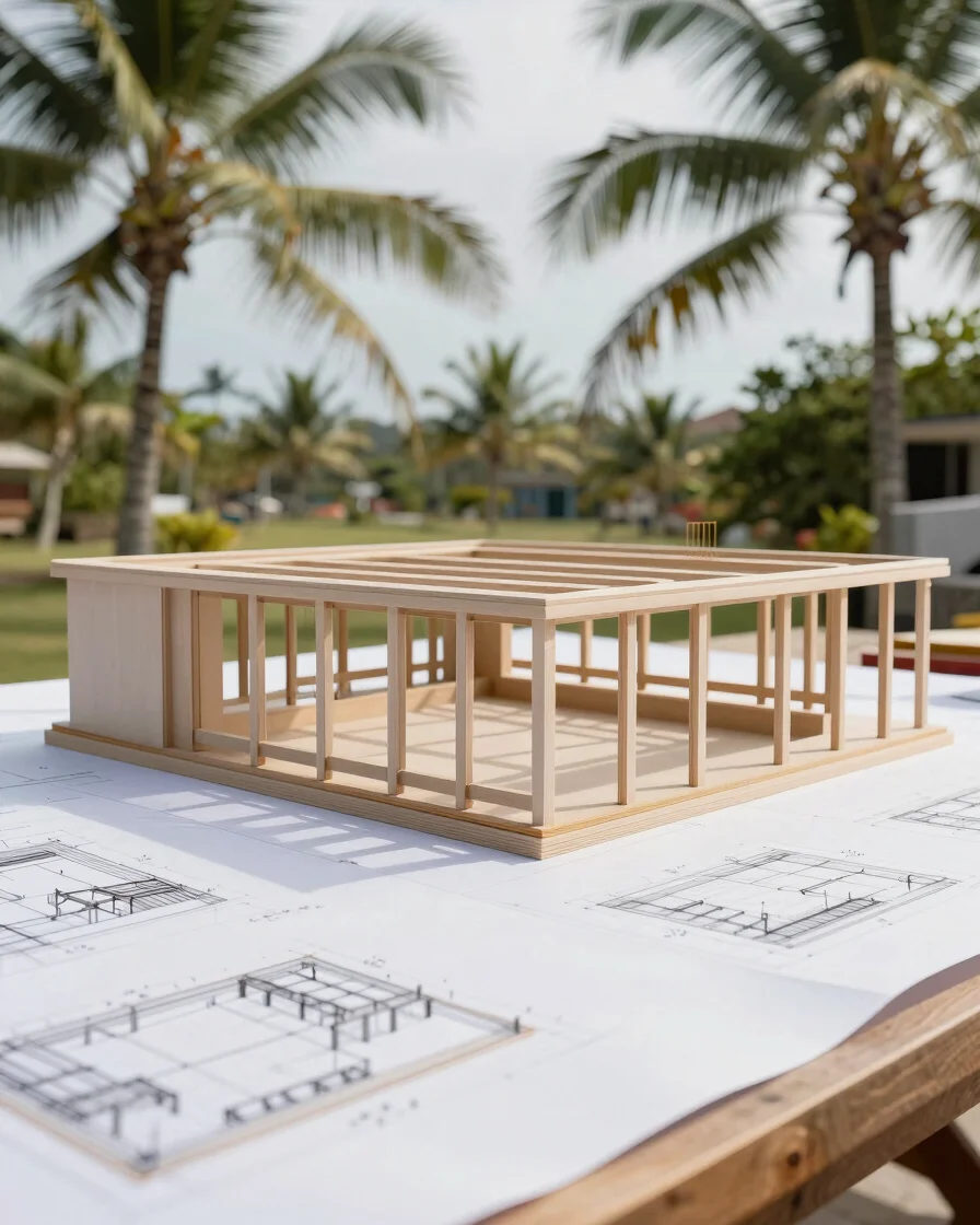 Architectural photography of a detailed construction drawing or a working model on a desk, bright tropical daylight, cle